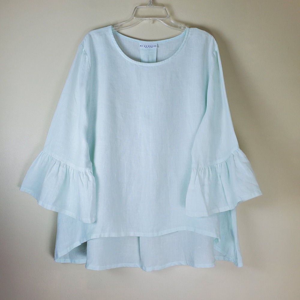 Bryn Walker Fran Linen Blouse Large Mint Green Ruffled Bell Sleeves Coastal